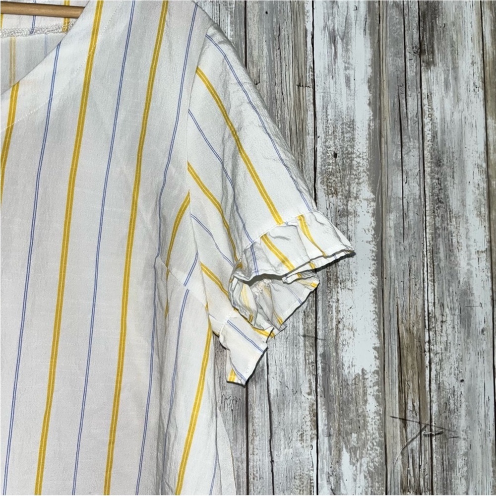 Hem & Thread White Vertical Yellow & Blue Stripe Button Tie Front Blouse - Picture 2 of 5